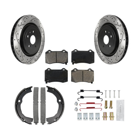 Rear Disc Drilled & Slotted Rotors Semi-Metallic Pads Parking Shoes Hardware Kit For CTS KDS-101422