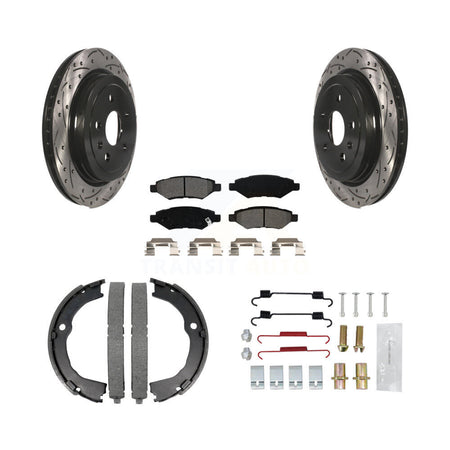 Rear Disc Drilled & Slotted Rotors Semi-Metallic Pads Parking Shoes Hardware Kit For CTS KDS-101423