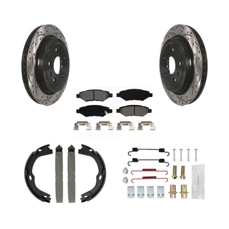 Rear Disc Drilled & Slotted Rotors Semi-Metallic Pads Parking Shoes And Hardware Kit For KDS-101425