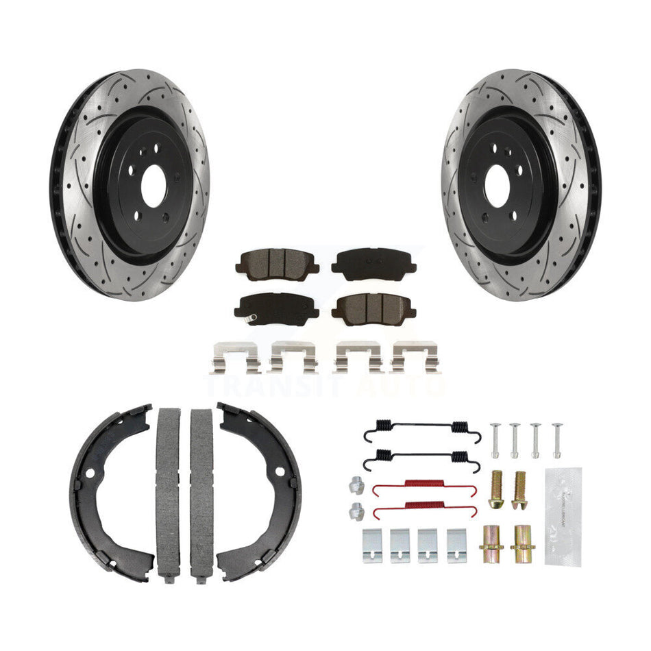 Rear Disc Drilled & Slotted Rotors Semi-Metallic Pads Parking Shoes And Hardware Kit For KDS-101426