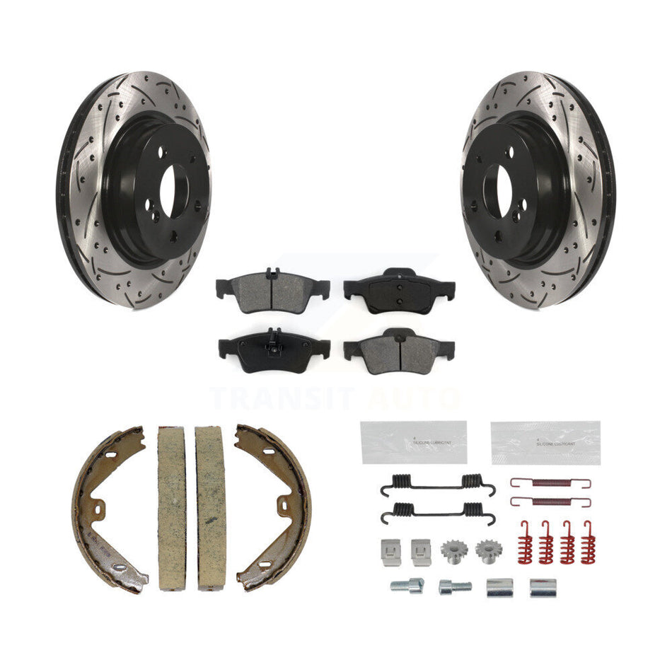Rear Disc Drilled & Slotted Rotors Semi-Metallic Pads Parking Shoes And Hardware Kit For KDS-101432