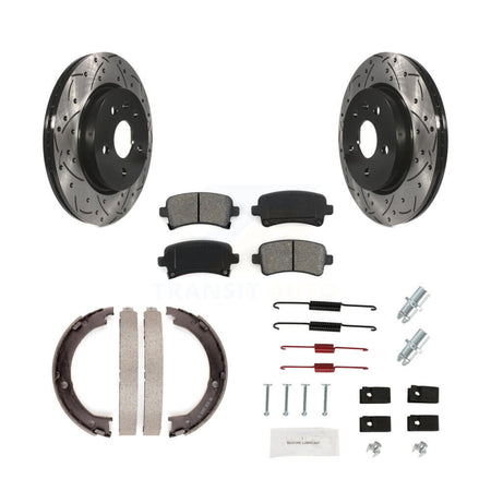 Rear Disc Drilled & Slotted Rotors Semi-Metallic Pads Parking Shoes And Hardware Kit For KDS-101436