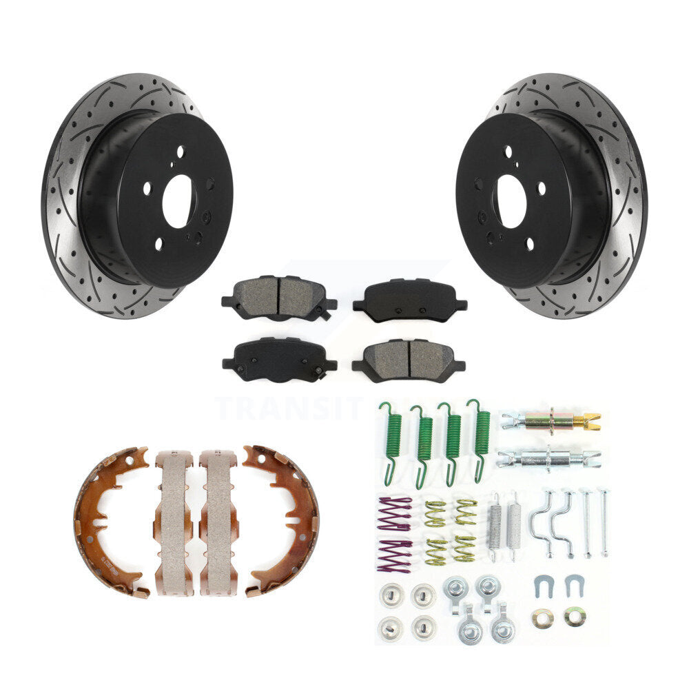 Rear Disc Drilled & Slotted Rotors Semi-Metallic Pads Parking Shoes And Hardware Kit For KDS-101438