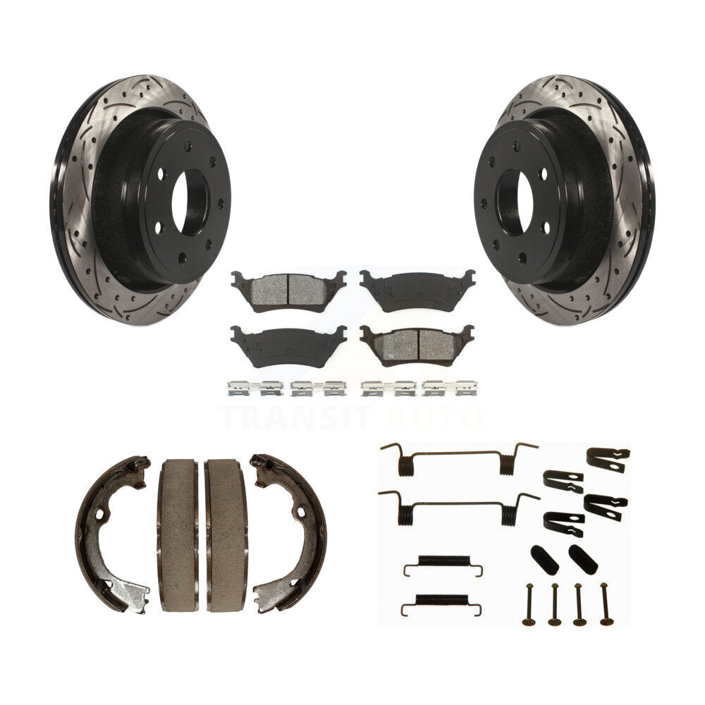 Rear Disc Drilled & Slotted Rotors Semi-Metallic Pads Parking Shoes And Hardware Kit For KDS-101441