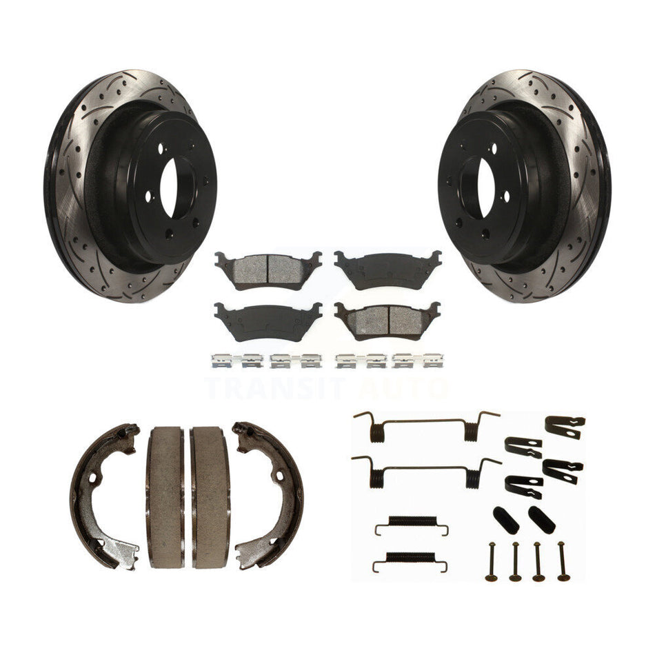 Rear Disc Drilled & Slotted Rotors Semi-Metallic Pads Parking Shoes And Hardware Kit For KDS-101442