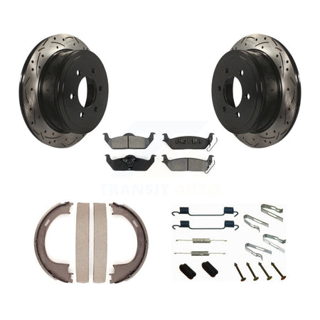 Rear Disc Drilled & Slotted Rotors Semi-Metallic Pads Parking Shoes Hardware Kit For Ford KDS-101443