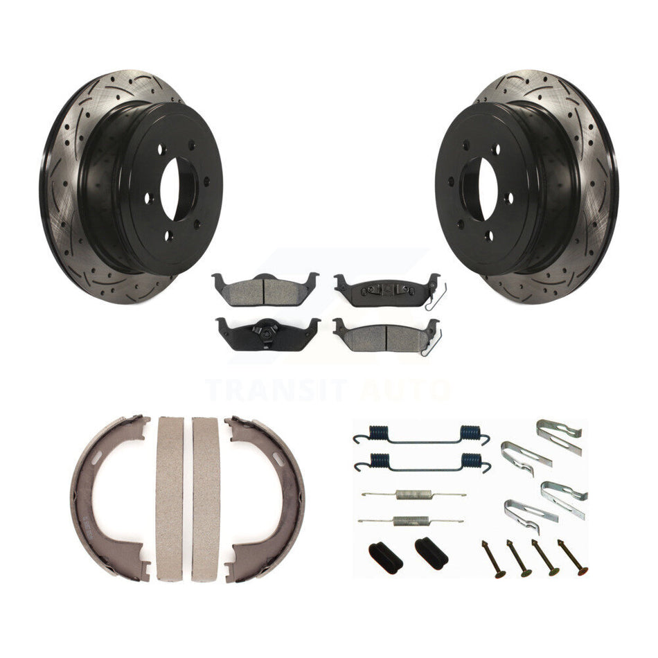 Rear Disc Drilled & Slotted Rotors Semi-Metallic Pads Parking Shoes Hardware Kit For Ford KDS-101443