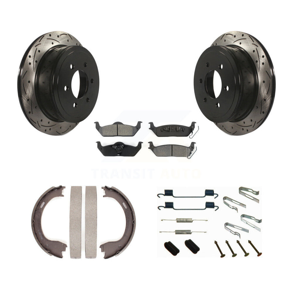 Rear Disc Drilled & Slotted Rotors Semi-Metallic Pads Parking Shoes And Hardware Kit For KDS-101445