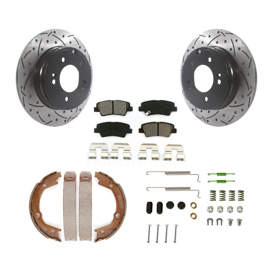 Rear Disc Drilled & Slotted Rotors Semi-Metallic Pads Parking Shoes And Hardware Kit For KDS-101449