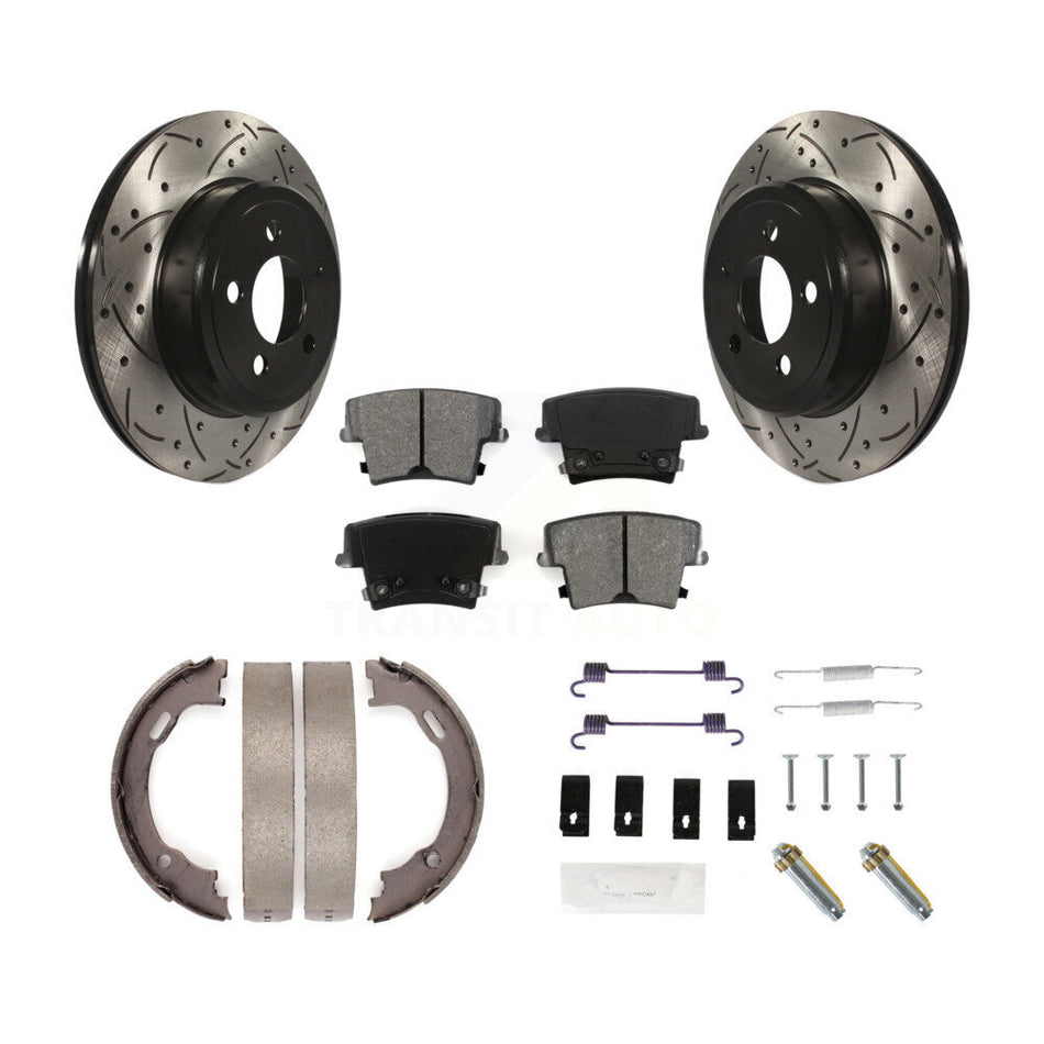 Rear Disc Drilled & Slotted Rotors Semi-Metallic Pads Parking Shoes Hardware Kit For 300 KDS-101455