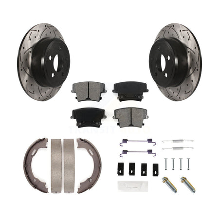 Rear Disc Drilled & Slotted Rotors Semi-Metallic Pads Parking Shoes Hardware Kit For 300 KDS-101456
