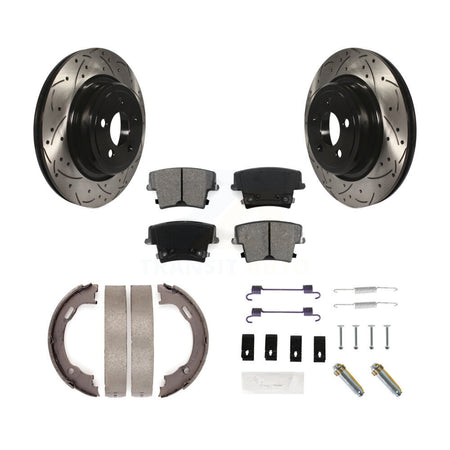 Rear Disc Drilled & Slotted Rotors Semi-Metallic Pads Parking Shoes And Hardware Kit For KDS-101457