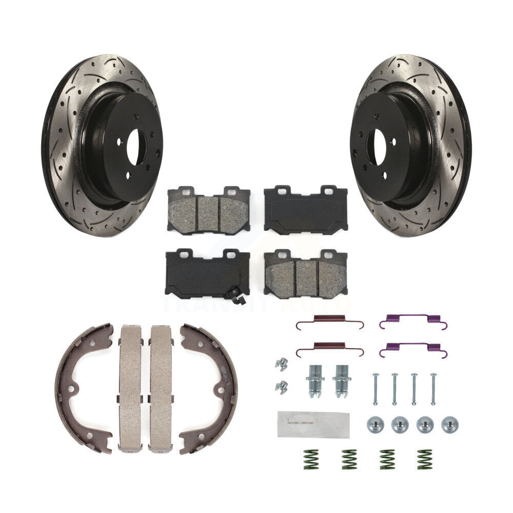 Rear Disc Drilled & Slotted Rotors Semi-Metallic Pads Parking Shoes Hardware Kit For Q50 KDS-101458