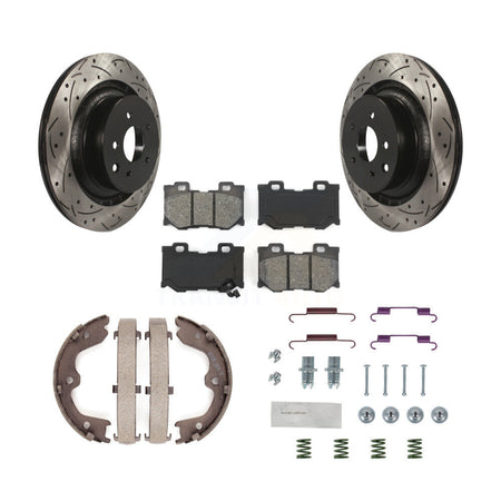 Rear Disc Drilled & Slotted Rotors Semi-Metallic Pads Parking Shoes Hardware Kit For G37 KDS-101460