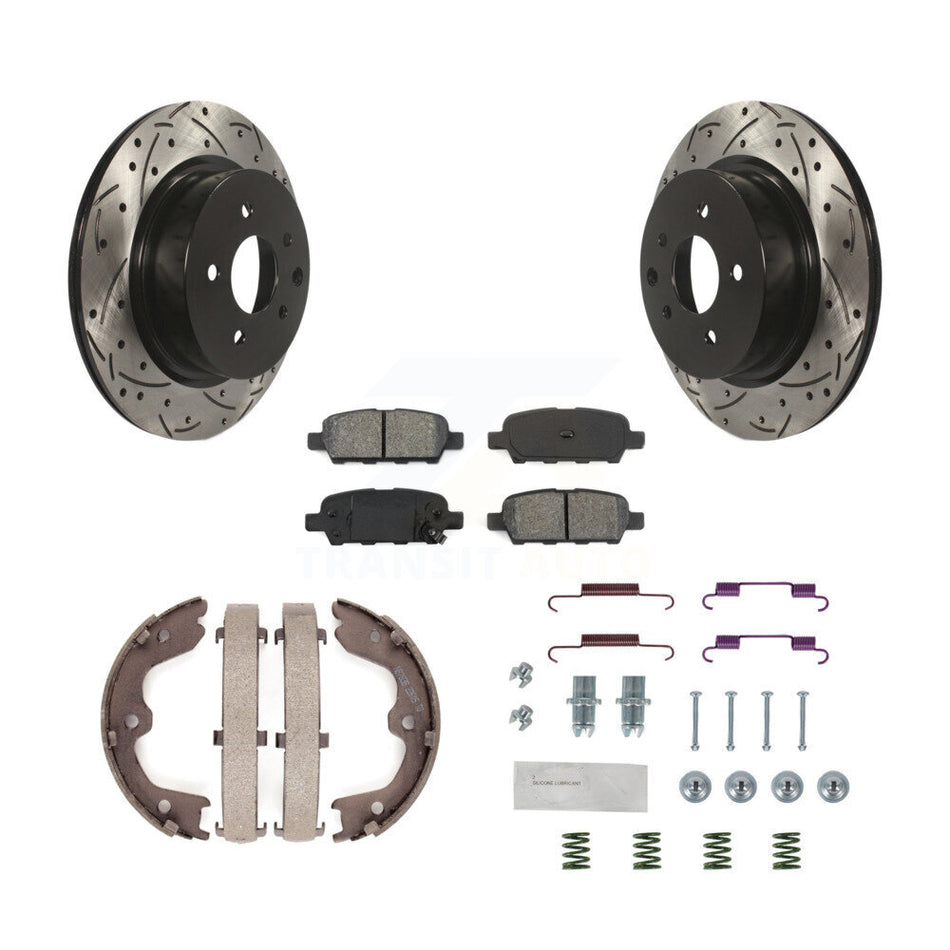Rear Disc Drilled & Slotted Rotors Semi-Metallic Pads Parking Shoes Hardware Kit For G37 KDS-101461