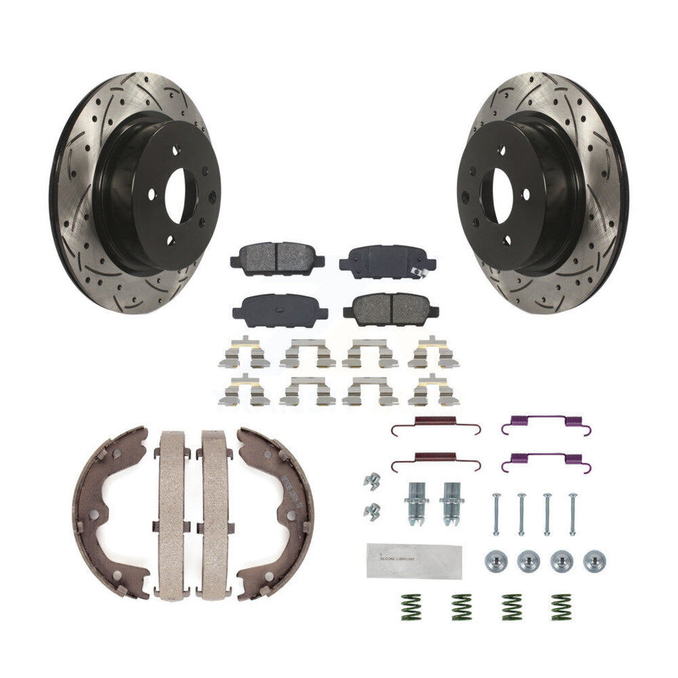 Rear Disc Drilled & Slotted Rotors Semi-Metallic Pads Parking Shoes Hardware Kit For G37 KDS-101461