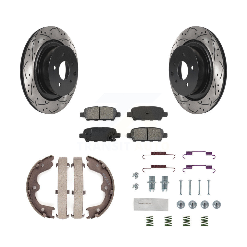 Rear Disc Drilled & Slotted Rotors Semi-Metallic Pads Parking Shoes Hardware Kit For G35 KDS-101463