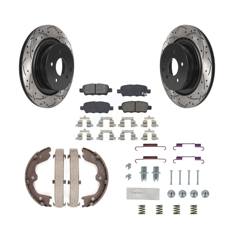 Rear Disc Drilled & Slotted Rotors Semi-Metallic Pads Parking Shoes Hardware Kit For G35 KDS-101463