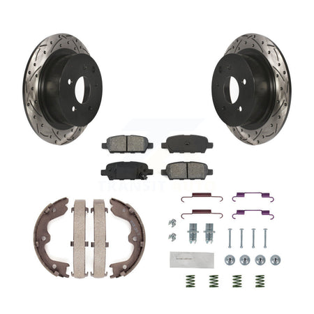Rear Disc Drilled & Slotted Rotors Semi-Metallic Pads Parking Shoes And Hardware Kit For KDS-101464