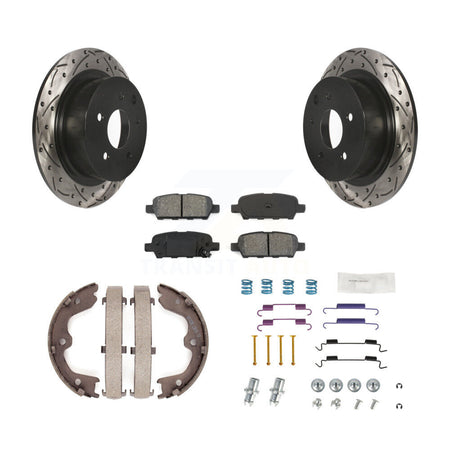 Rear Disc Drilled & Slotted Rotors Semi-Metallic Pads Parking Shoes And Hardware Kit For KDS-101465