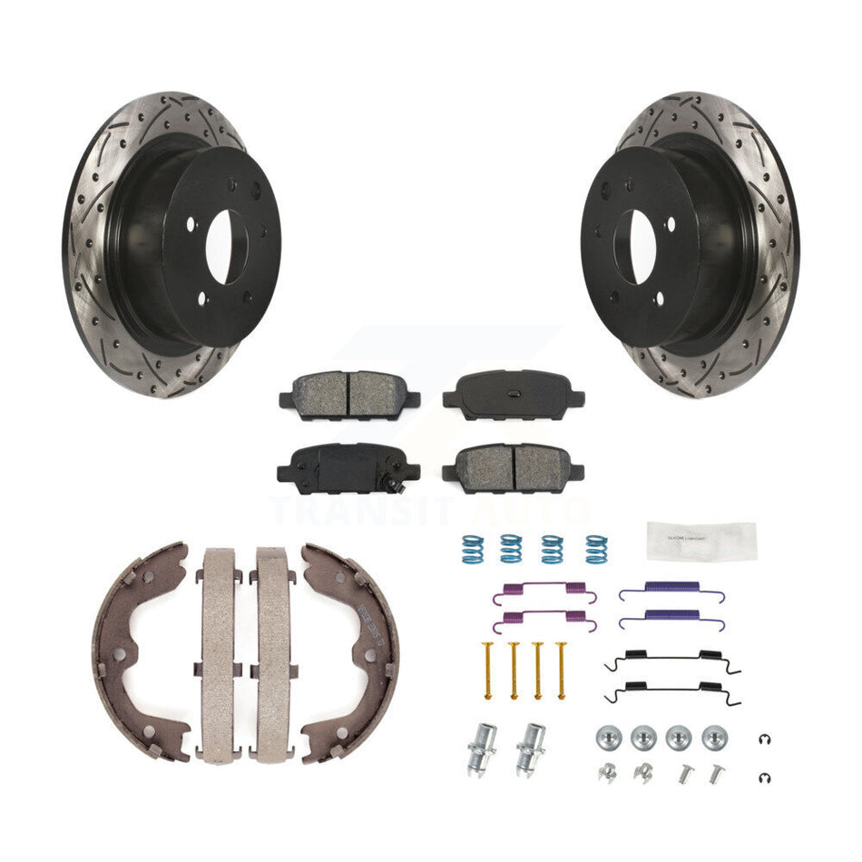 Rear Disc Drilled & Slotted Rotors Semi-Metallic Pads Parking Shoes And Hardware Kit For KDS-101465