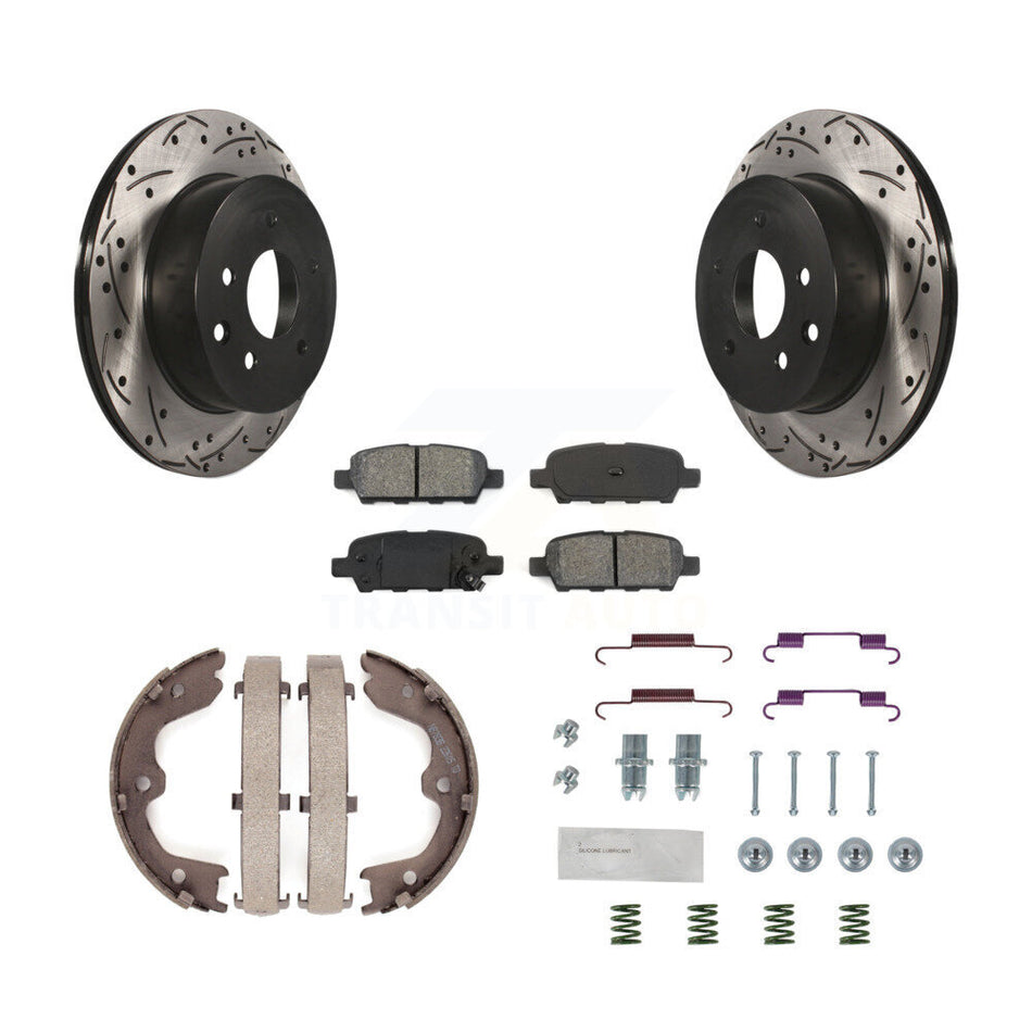 Rear Disc Drilled & Slotted Rotors Semi-Metallic Pads Parking Shoes Hardware Kit For G35 KDS-101469