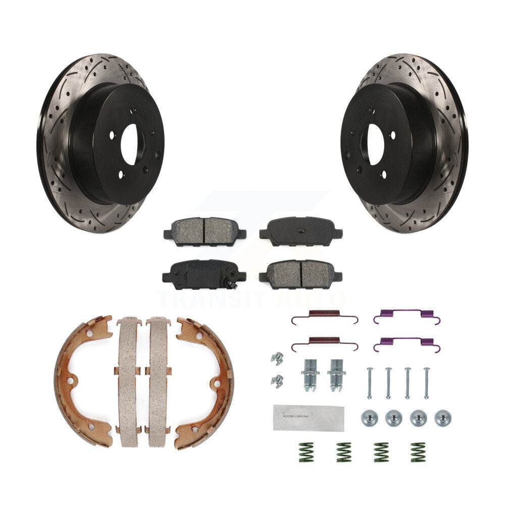 Rear Disc Drilled & Slotted Rotors Semi-Metallic Pads Parking Shoes Hardware Kit For FX35 KDS-101470
