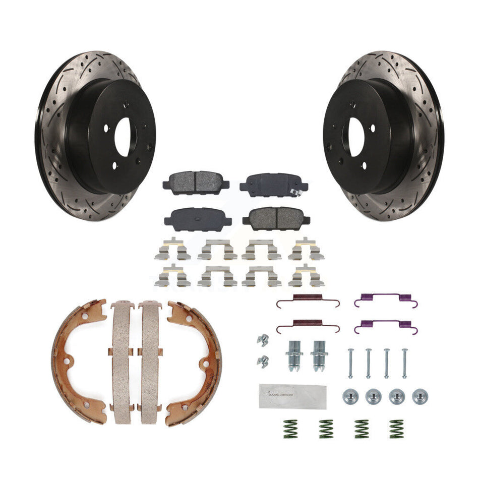Rear Disc Drilled & Slotted Rotors Semi-Metallic Pads Parking Shoes Hardware Kit For FX35 KDS-101470