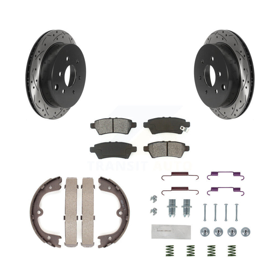 Rear Disc Drilled & Slotted Rotors Semi-Metallic Pads Parking Shoes And Hardware Kit For KDS-101471