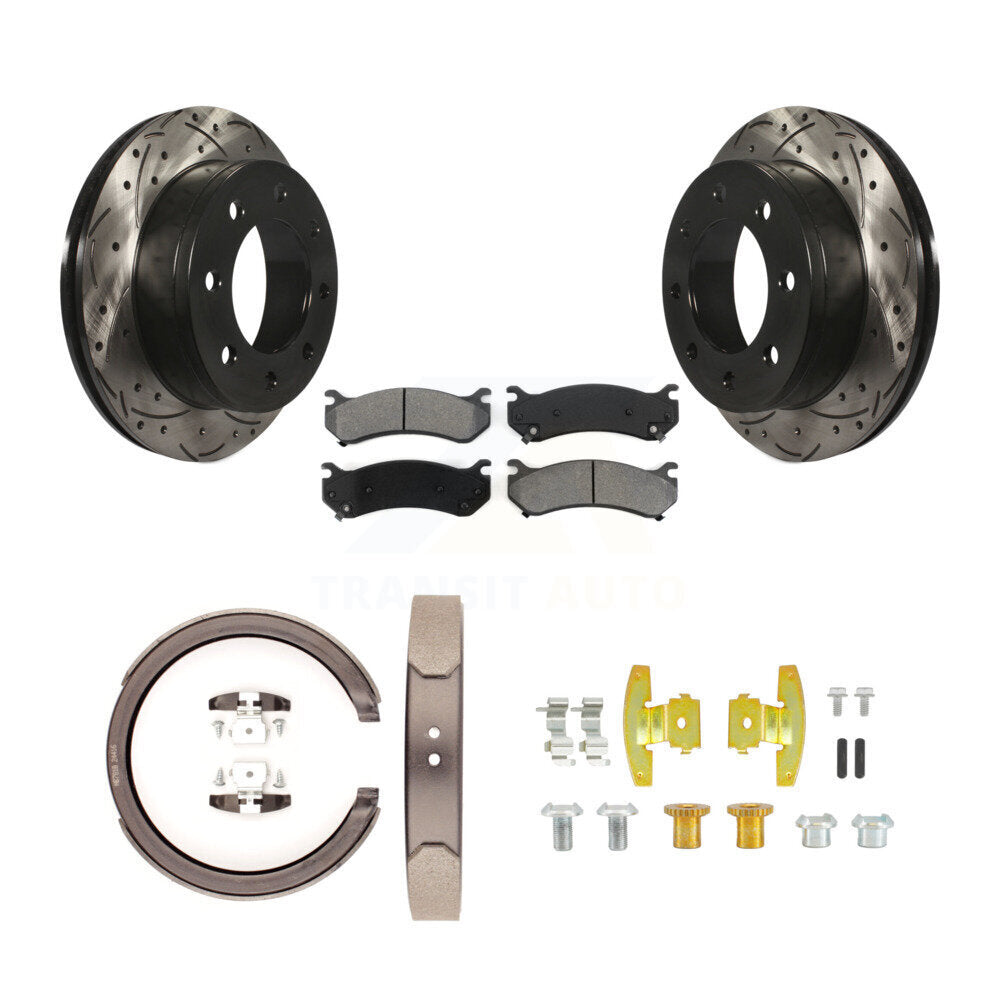 Rear Disc Drilled & Slotted Rotors Semi-Metallic Pads Parking Shoes Hardware Kit For 1500 KDS-101474