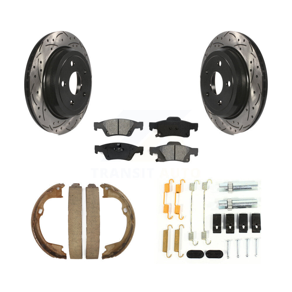Rear Disc Drilled & Slotted Rotors Semi-Metallic Pads Parking Shoes Hardware Kit For Jeep KDS-101476