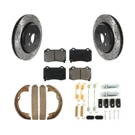 Rear Disc Drilled & Slotted Rotors Semi-Metallic Pads Parking Shoes Hardware Kit For Jeep KDS-101478