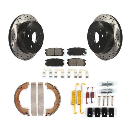 Rear Disc Drilled & Slotted Rotors Semi-Metallic Pads Parking Shoes Hardware Kit For GMC KDS-101482