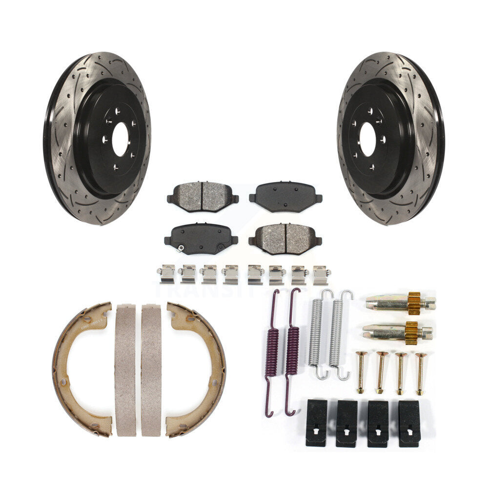 Rear Disc Drilled & Slotted Rotors Semi-Metallic Pads Parking Shoes And Hardware Kit For KDS-101485