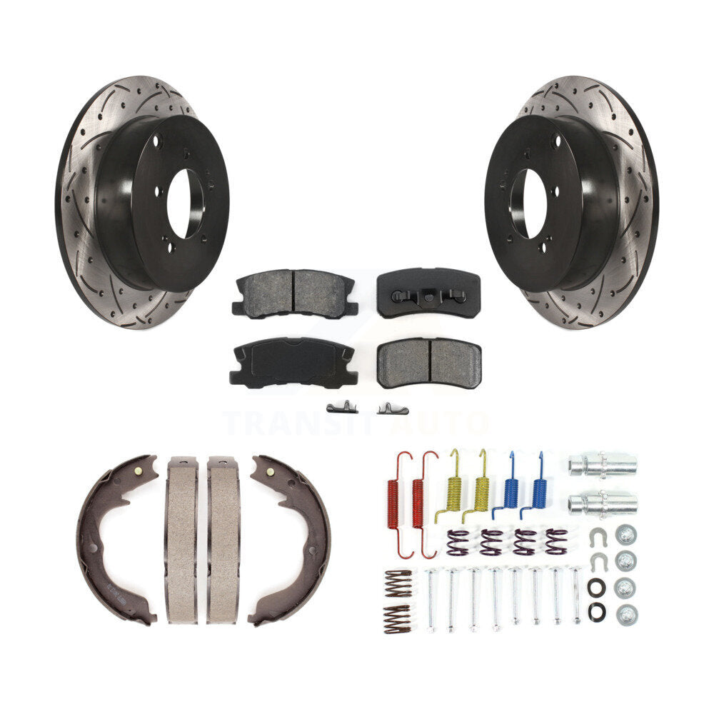 Rear Disc Drilled & Slotted Rotors Semi-Metallic Pads Parking Shoes And Hardware Kit For KDS-101490