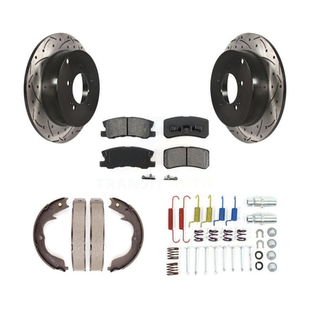 Rear Disc Drilled & Slotted Rotors Semi-Metallic Pads Parking Shoes And Hardware Kit For KDS-101490