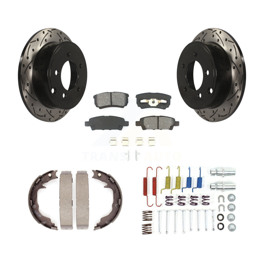 Rear Disc Drilled & Slotted Rotors Semi-Metallic Pads Parking Shoes And Hardware Kit For KDS-101491