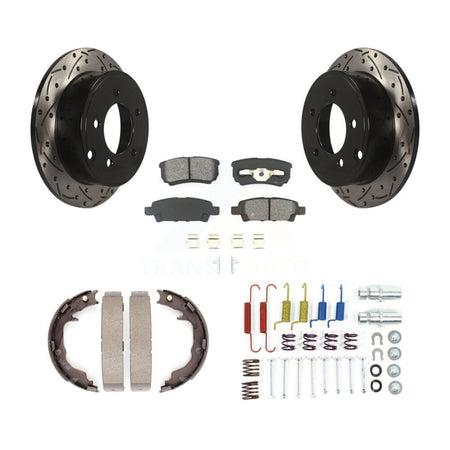 Rear Disc Drilled & Slotted Rotors Semi-Metallic Pads Parking Shoes And Hardware Kit For KDS-101491
