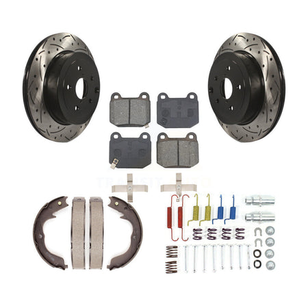 Rear Disc Drilled & Slotted Rotors Semi-Metallic Pads Parking Shoes And Hardware Kit For KDS-101492