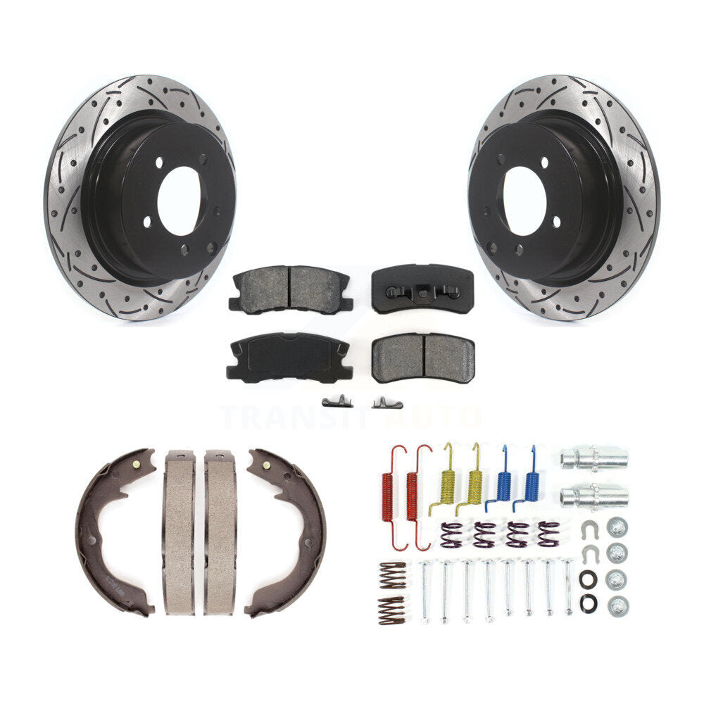 Rear Disc Drilled & Slotted Rotors Semi-Metallic Pads Parking Shoes And Hardware Kit For KDS-101494