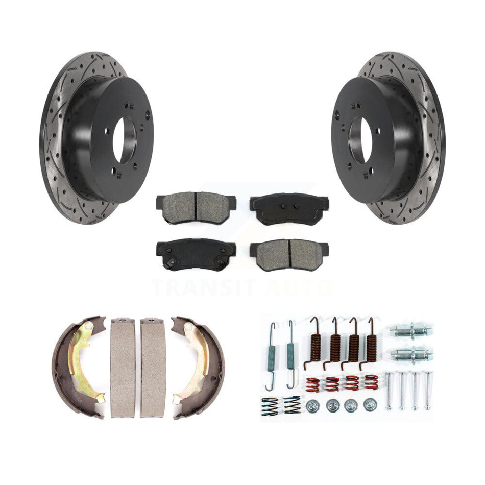 Rear Disc Drilled & Slotted Rotors Semi-Metallic Pads Parking Shoes And Hardware Kit For KDS-101495