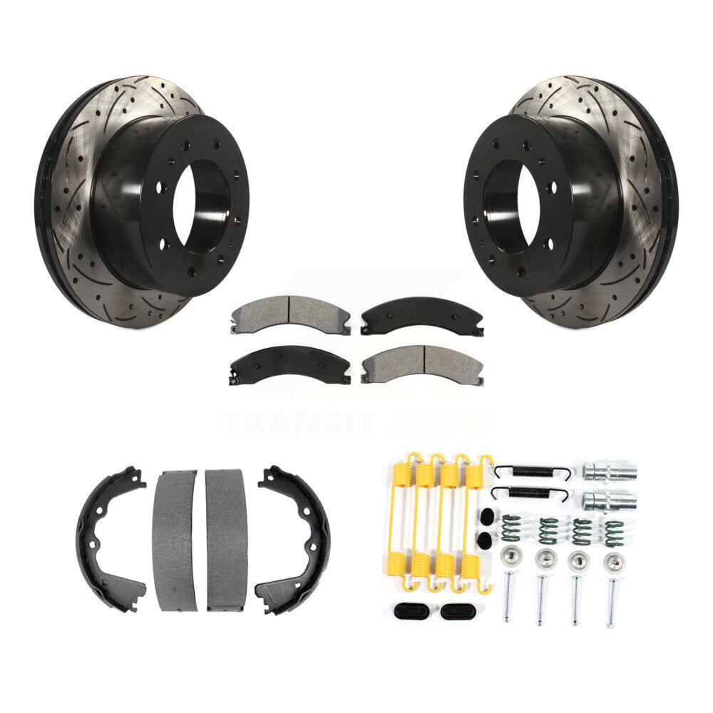 Rear Disc Drilled & Slotted Rotors Semi-Metallic Pads Parking Shoes Hardware Kit For GMC KDS-101496