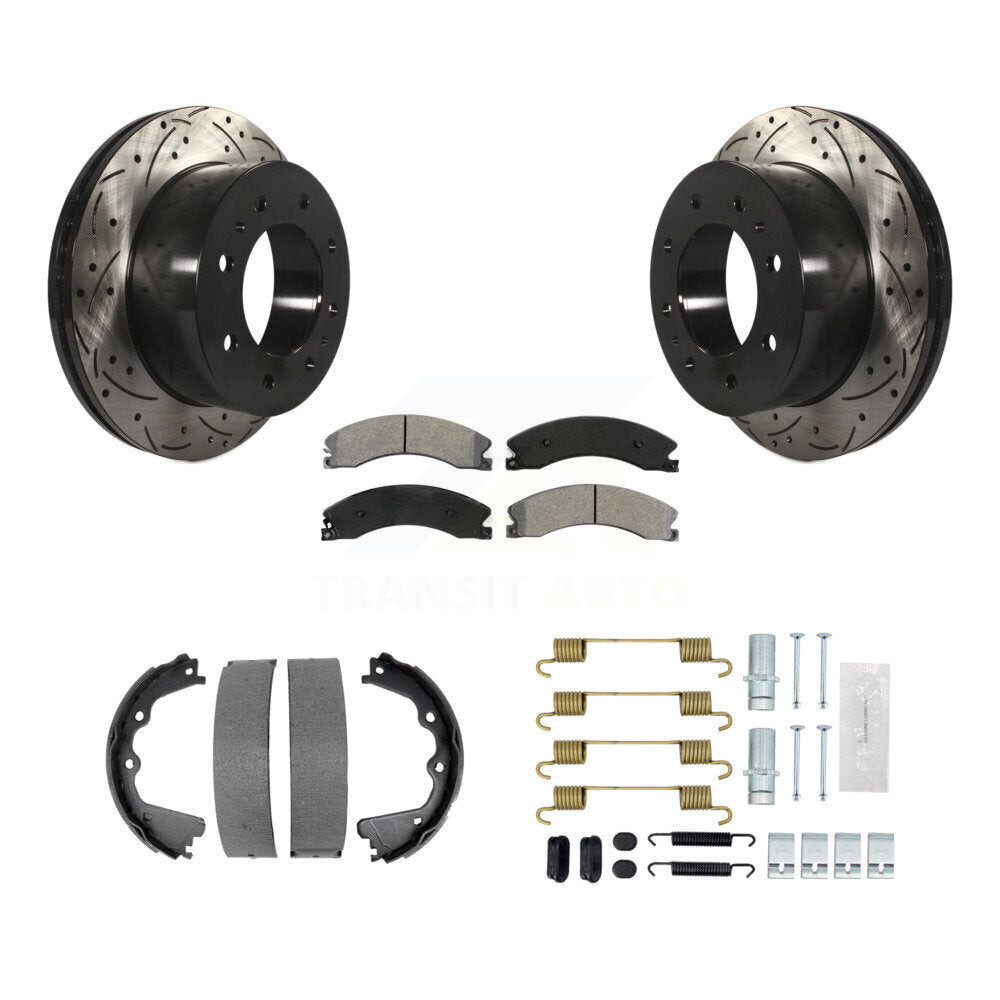 Rear Disc Drilled & Slotted Rotors Semi-Metallic Pads Parking Shoes Hardware Kit For GMC KDS-101498