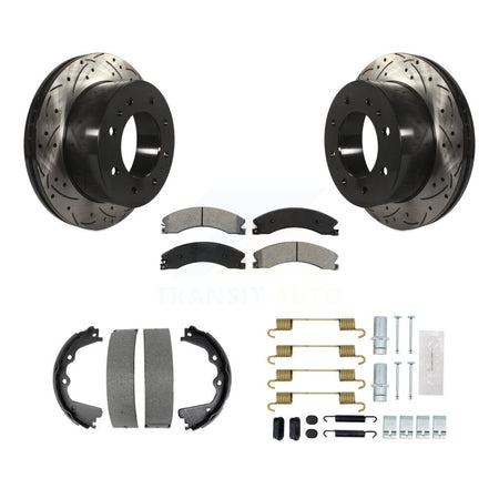Rear Disc Drilled & Slotted Rotors Semi-Metallic Pads Parking Shoes Hardware Kit For GMC KDS-101498