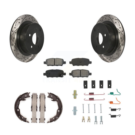 Rear Disc Drilled & Slotted Rotors Semi-Metallic Pads Parking Shoes Hardware Kit For Juke KDS-101499