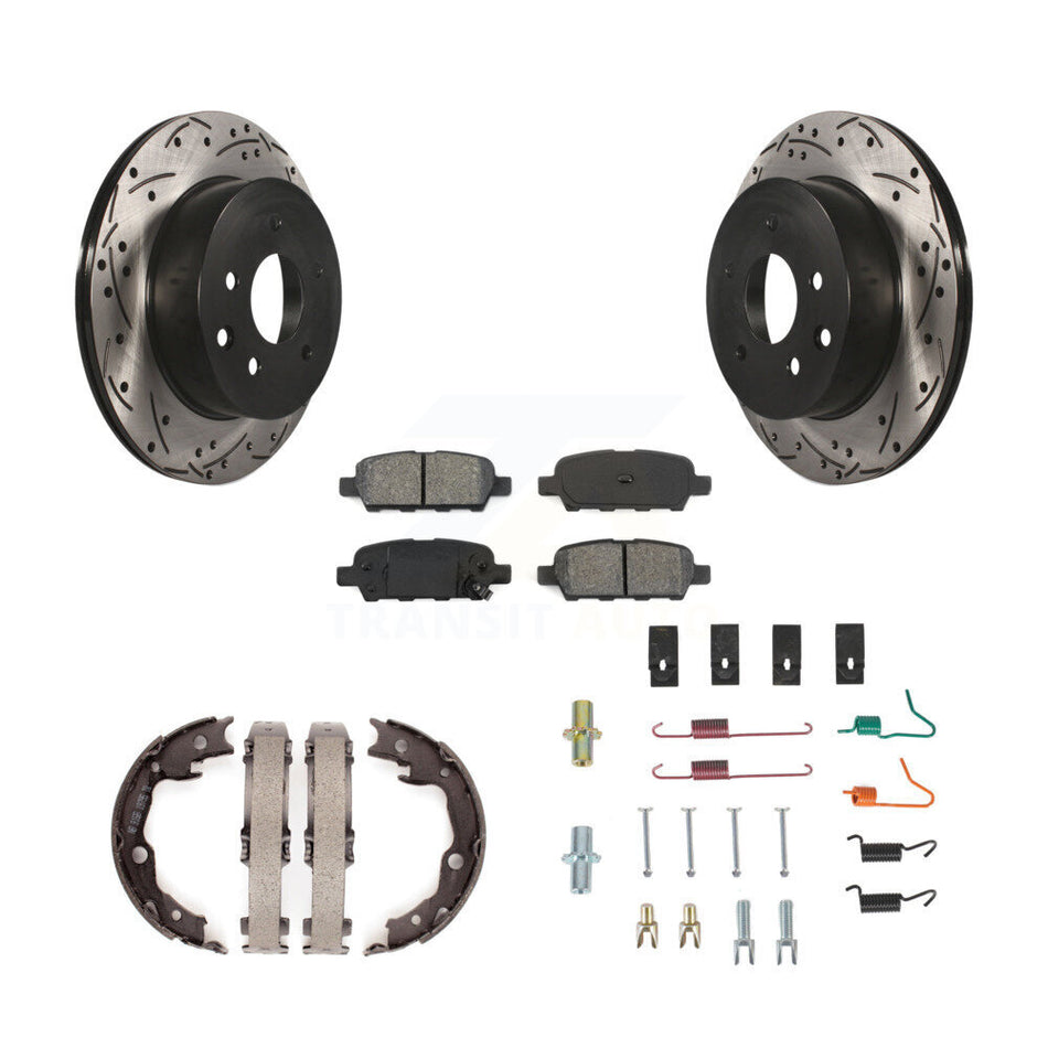 Rear Disc Drilled & Slotted Rotors Semi-Metallic Pads Parking Shoes Hardware Kit For LEAF KDS-101500
