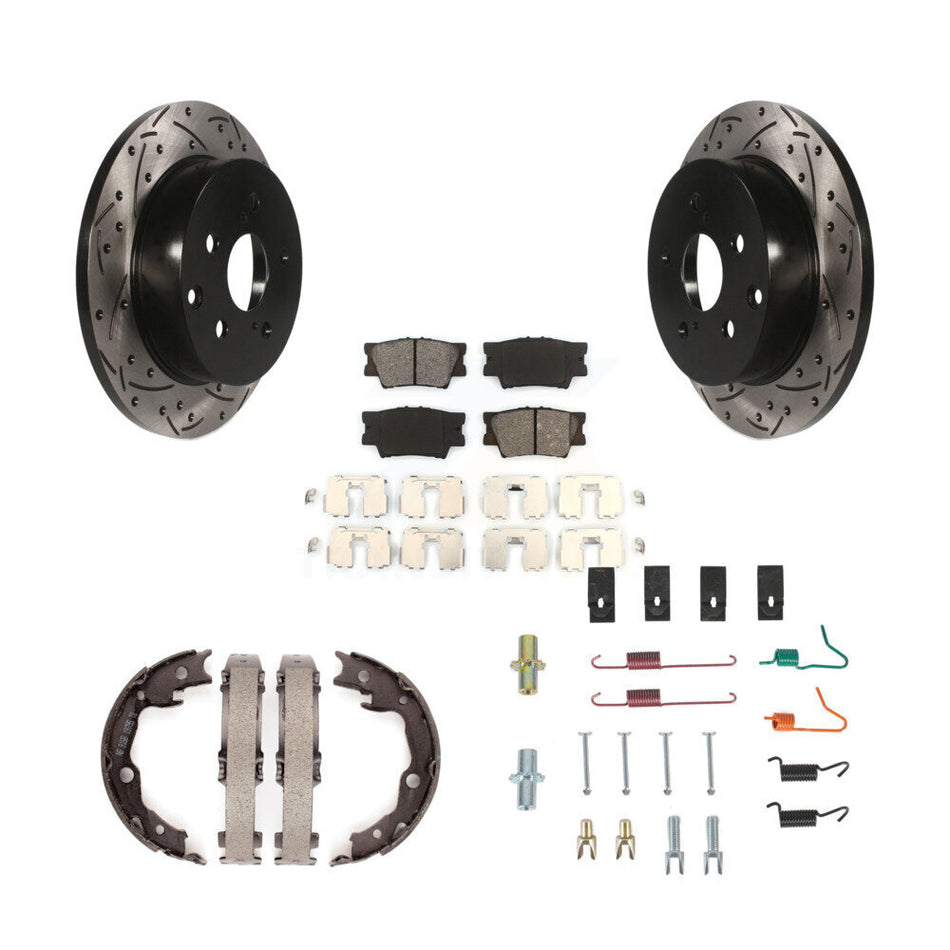Rear Disc Drilled & Slotted Rotors Semi-Metallic Pads Parking Shoes Hardware Kit For RAV4 KDS-101501