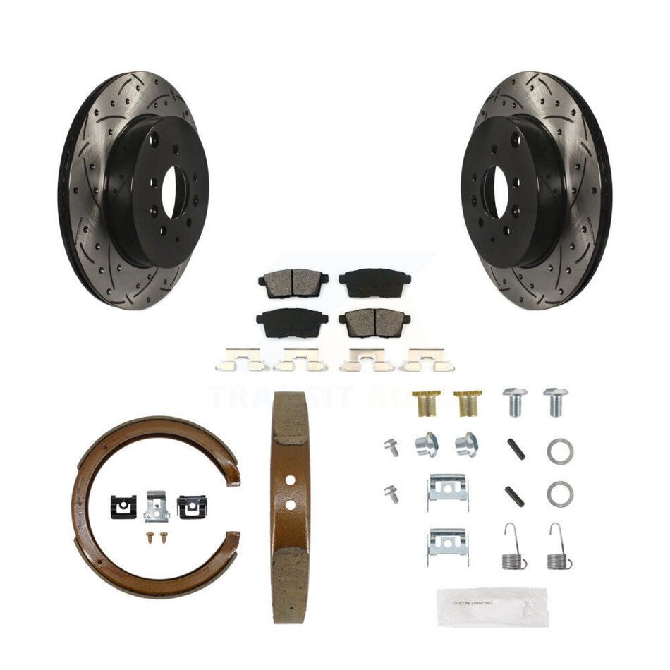 Rear Disc Drilled & Slotted Rotors Semi-Metallic Pads Parking Shoes And Hardware Kit For KDS-101504