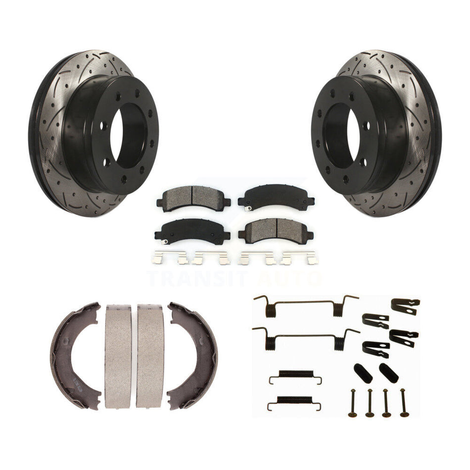 Rear Disc Drilled & Slotted Rotors Semi-Metallic Pads Parking Shoes Hardware Kit For GMC KDS-101505