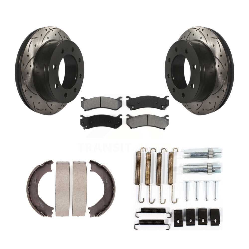 Rear Disc Drilled & Slotted Rotors Semi-Metallic Pads Parking Shoes Hardware Kit For GMC KDS-101506